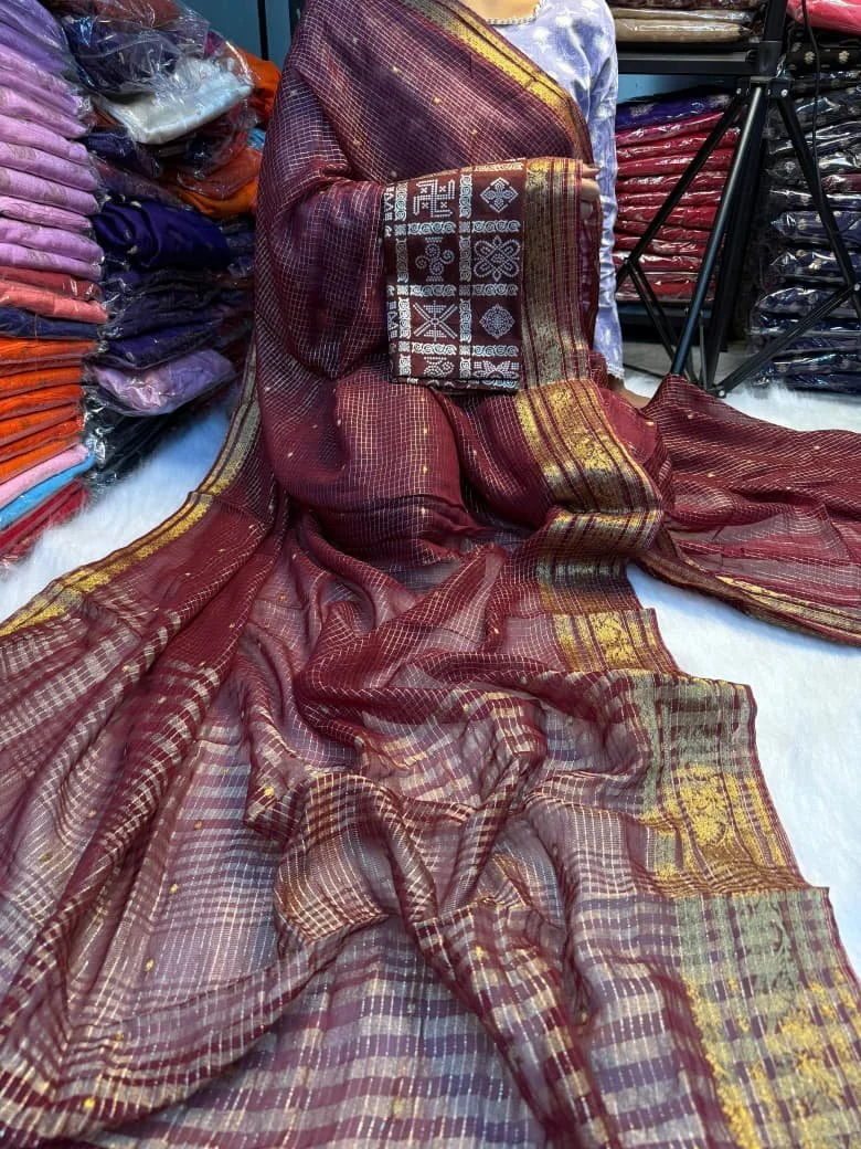 Purple Viscose Georgette Saree with Chex Weave and Block Print Blouse Piece 3