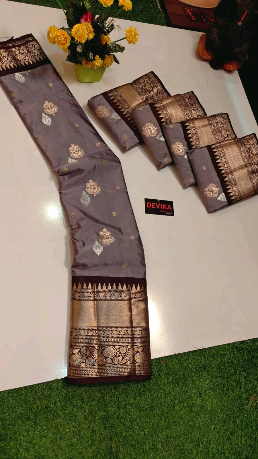 Grey and Maroon Silk Saree with Zari Motifs and Border thumbnail 3