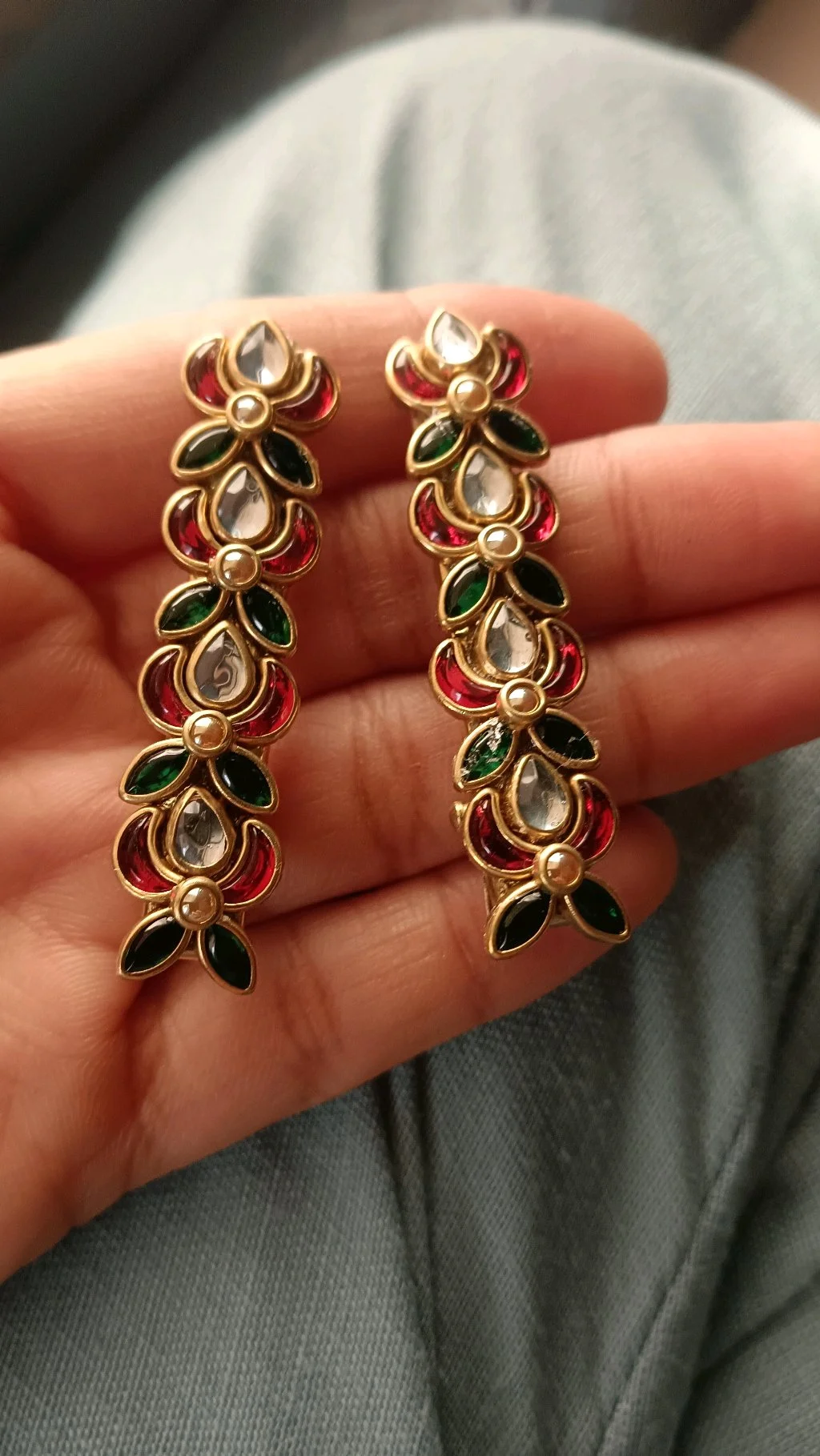 Gold Tone Floral Kundan Enamel Drop Aligrator Clips