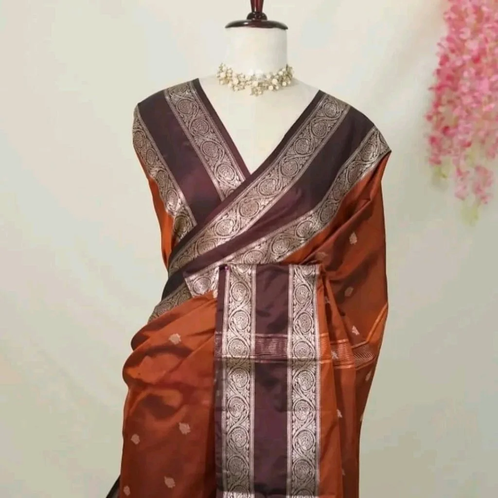 Orange Kanchipuram Silk Saree with Purple Border and Gold Zari Work 3