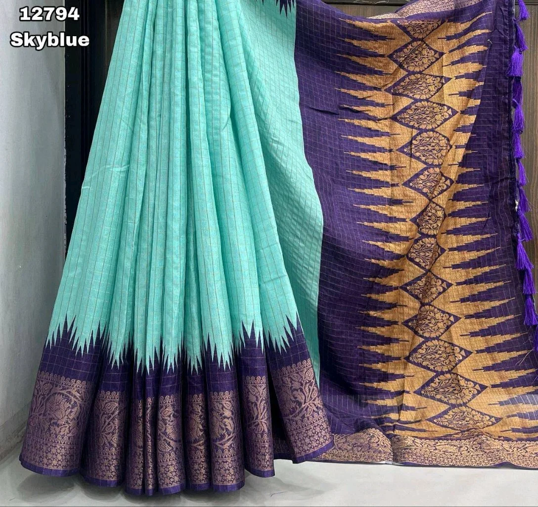 Soft Dola Silk Skyblue Checkered Saree with Purple Zari Border 2