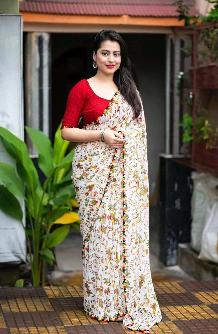 Soft Georgette Saree with Cartoon Prints and Aari Mirror Work 7