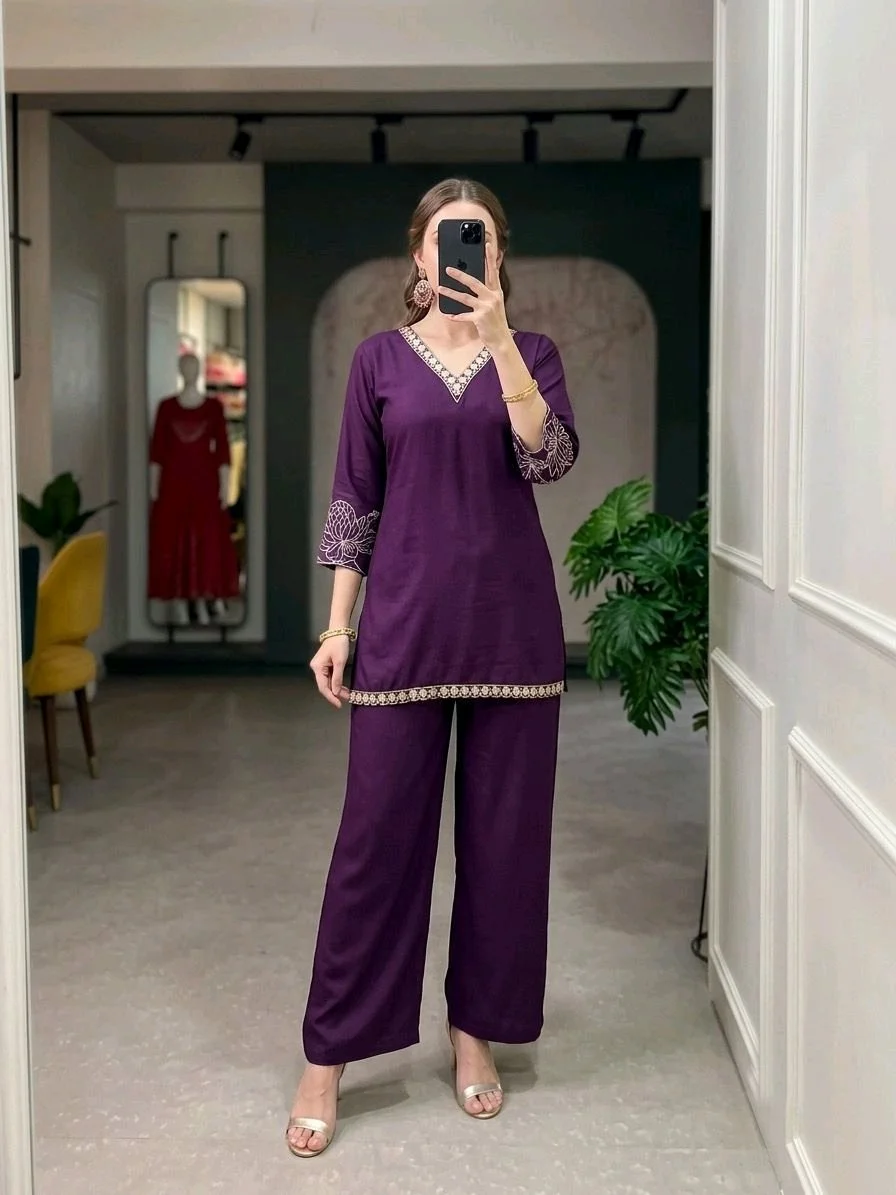 Embroidered V Neck Solid Co-ord Sets 2
