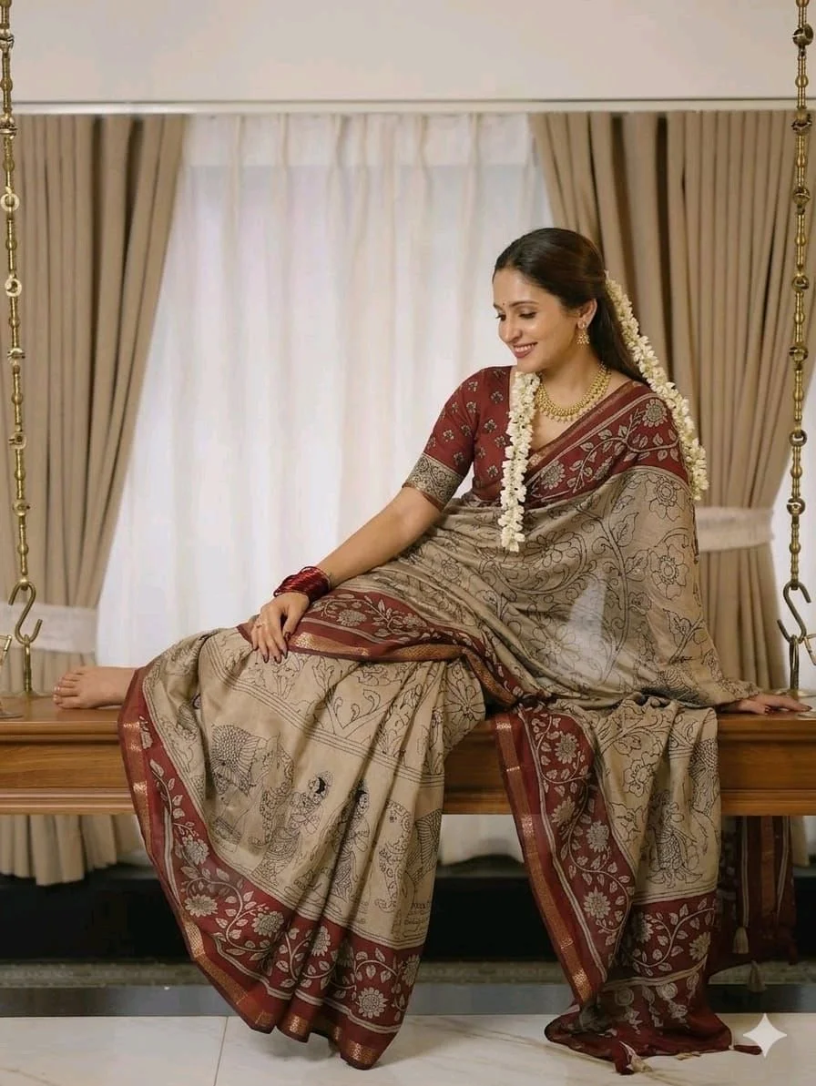 Kalamkari Print Cotton Saree with Traditional Border 5