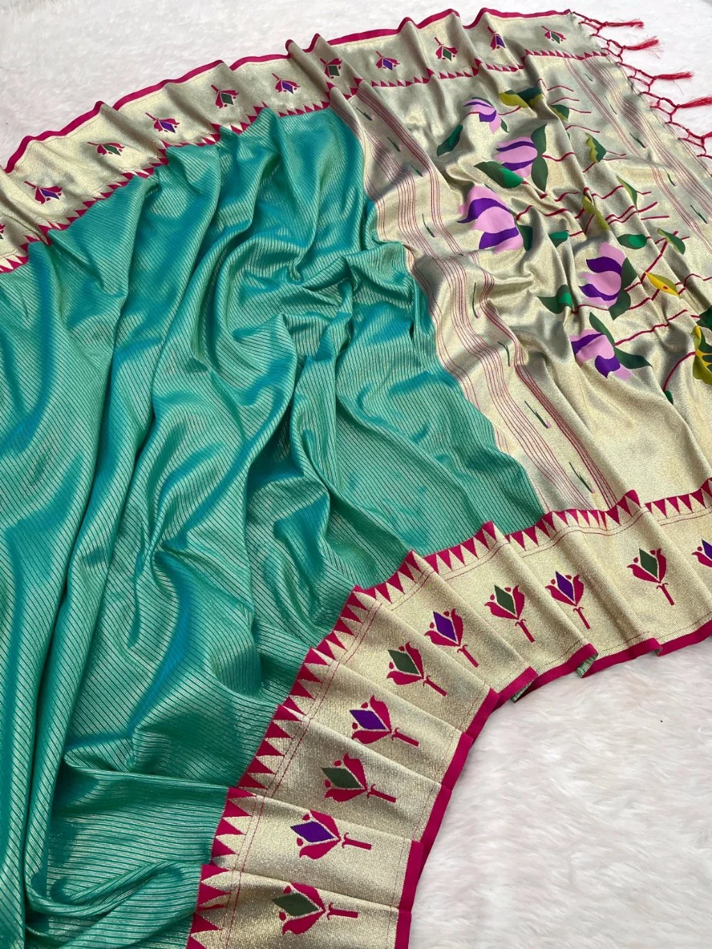 Soft Tissue Silk Paithani Saree with Colorful Floral Pallu and Gold Border 7