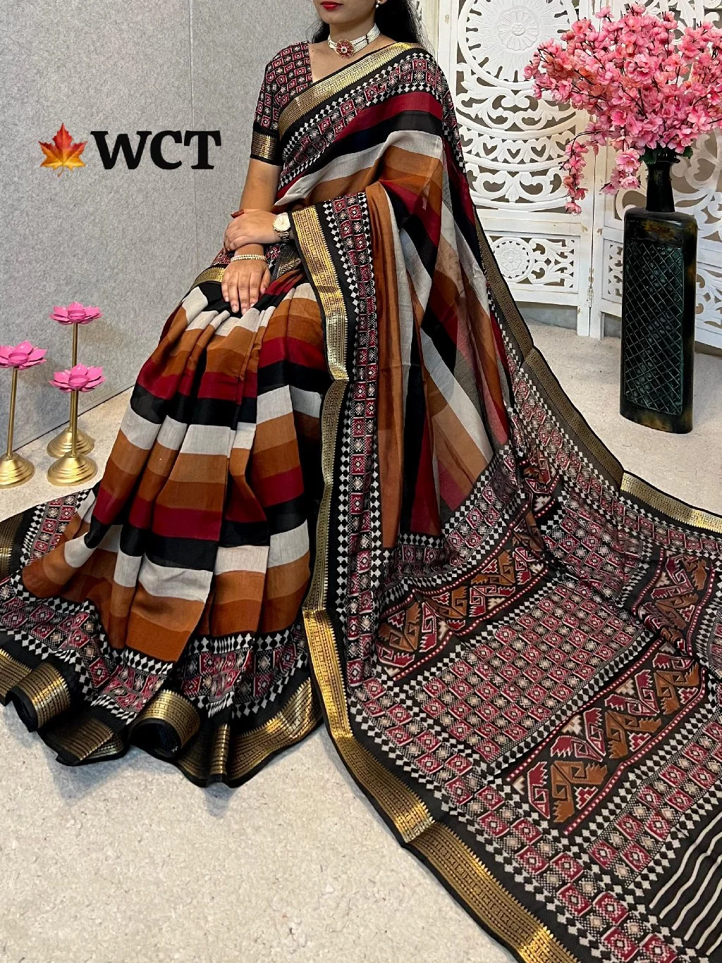 Multi-Color Striped Silk Blend Saree with Geometric Pattern Border