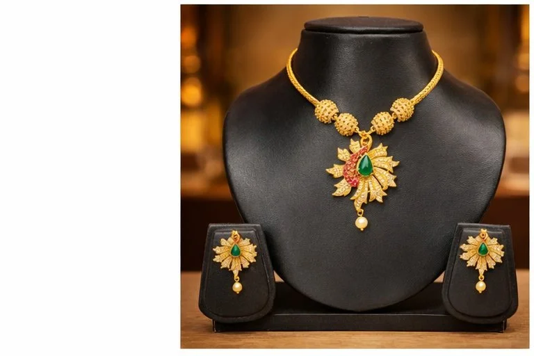 Gold Toned Peacock Design Necklace Set with Earrings 1