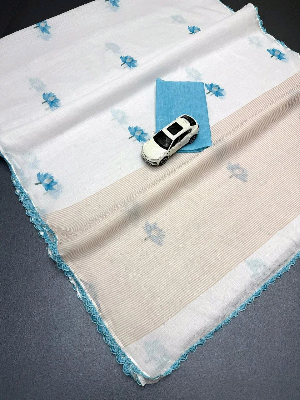 White Lenin Saree with Purple Lotus Motifs and Crochet Border 3