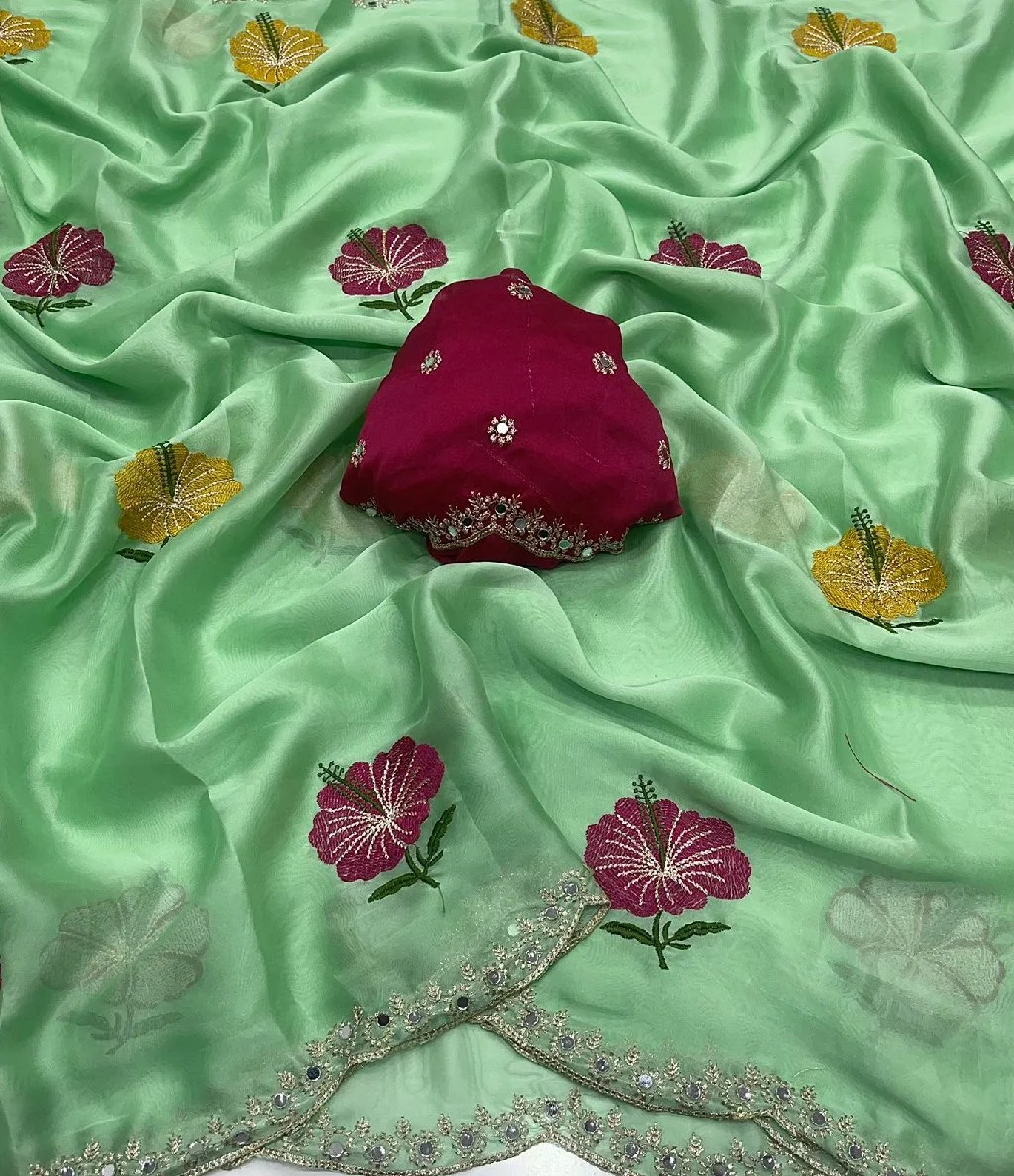 Purple Floral Embroidered Saree with Mirror Work Border - Variant 3