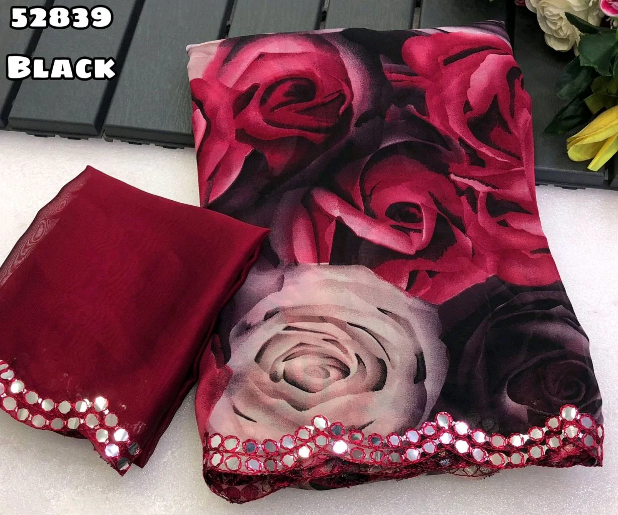 Black and Red Floral Print Saree with Mirror Work Border thumbnail 1
