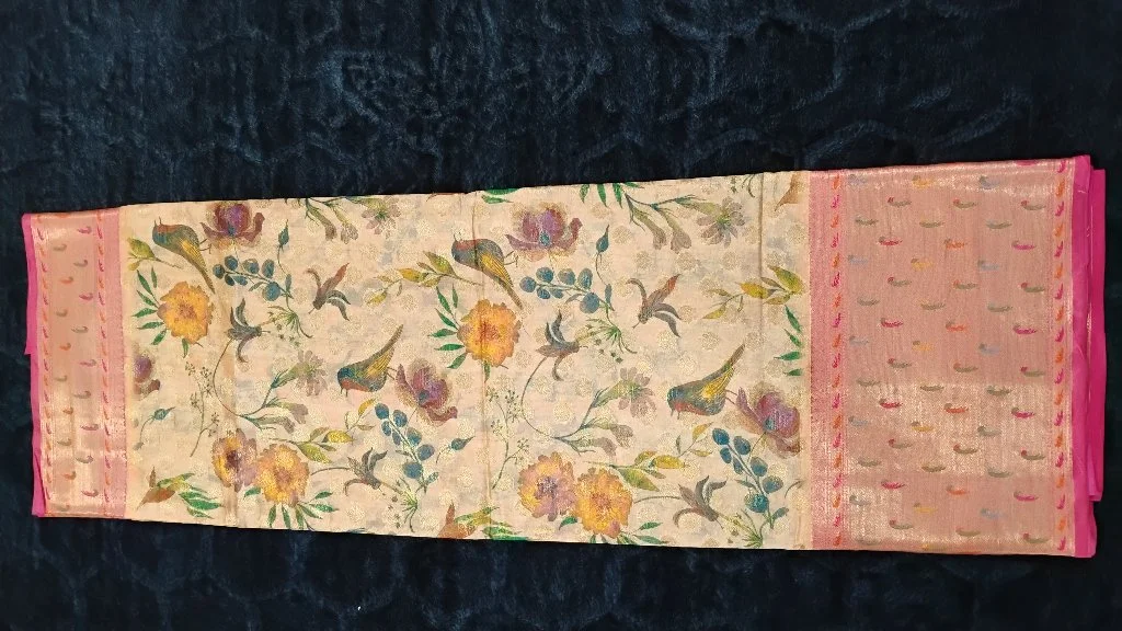 Beige Floral Bird Print Silk Saree with Pink Zari Border 2