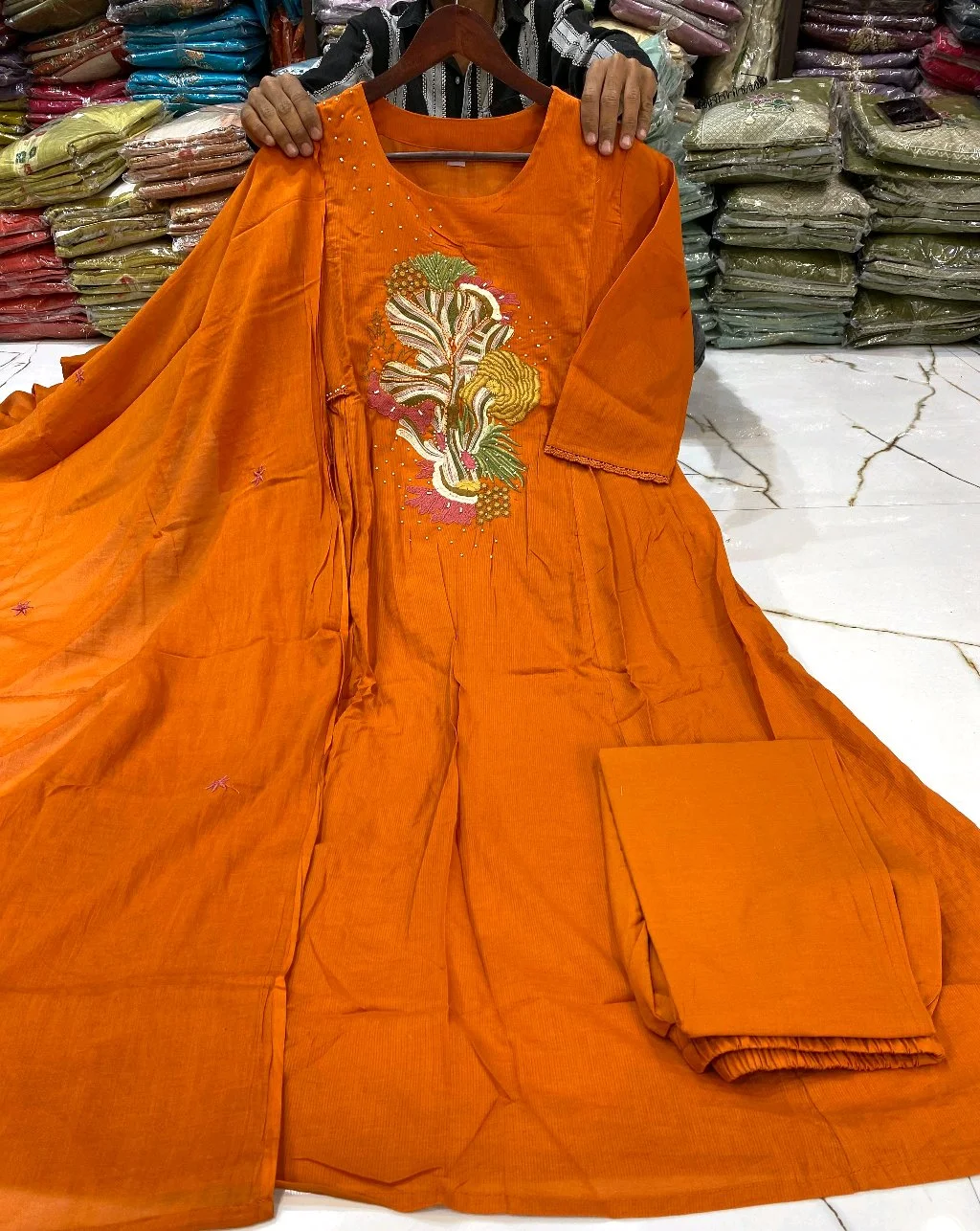 Orange mulcotton Embroidered Anarkali Kurta Set with Dupatta 2