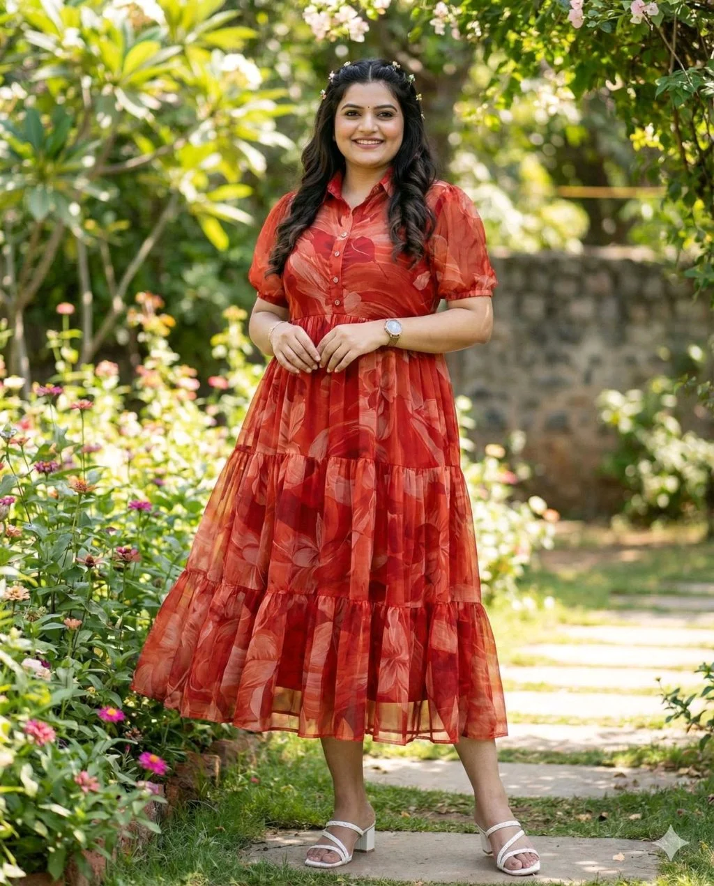 Leaf Print Tiered Midi Dress 8