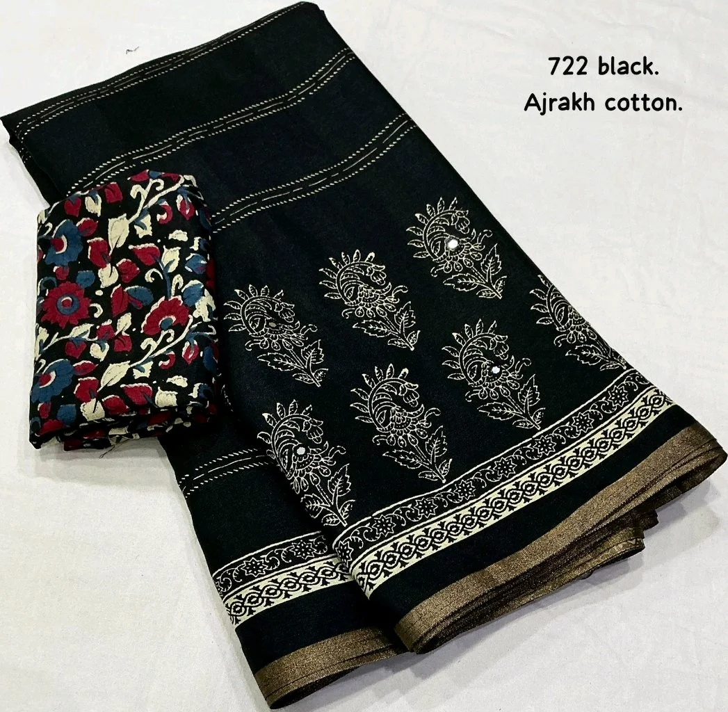 Ajrakh Cotton Saree with Red Prints 3