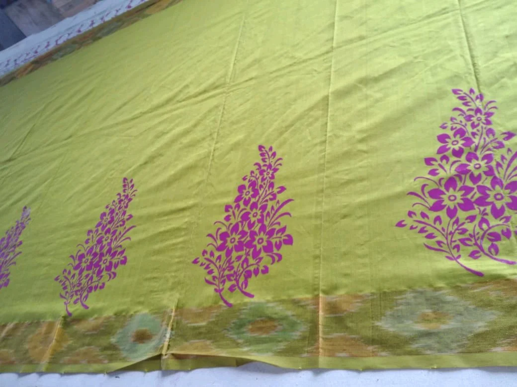 Lime Green Fabric with Purple Floral Block Print thumbnail 1