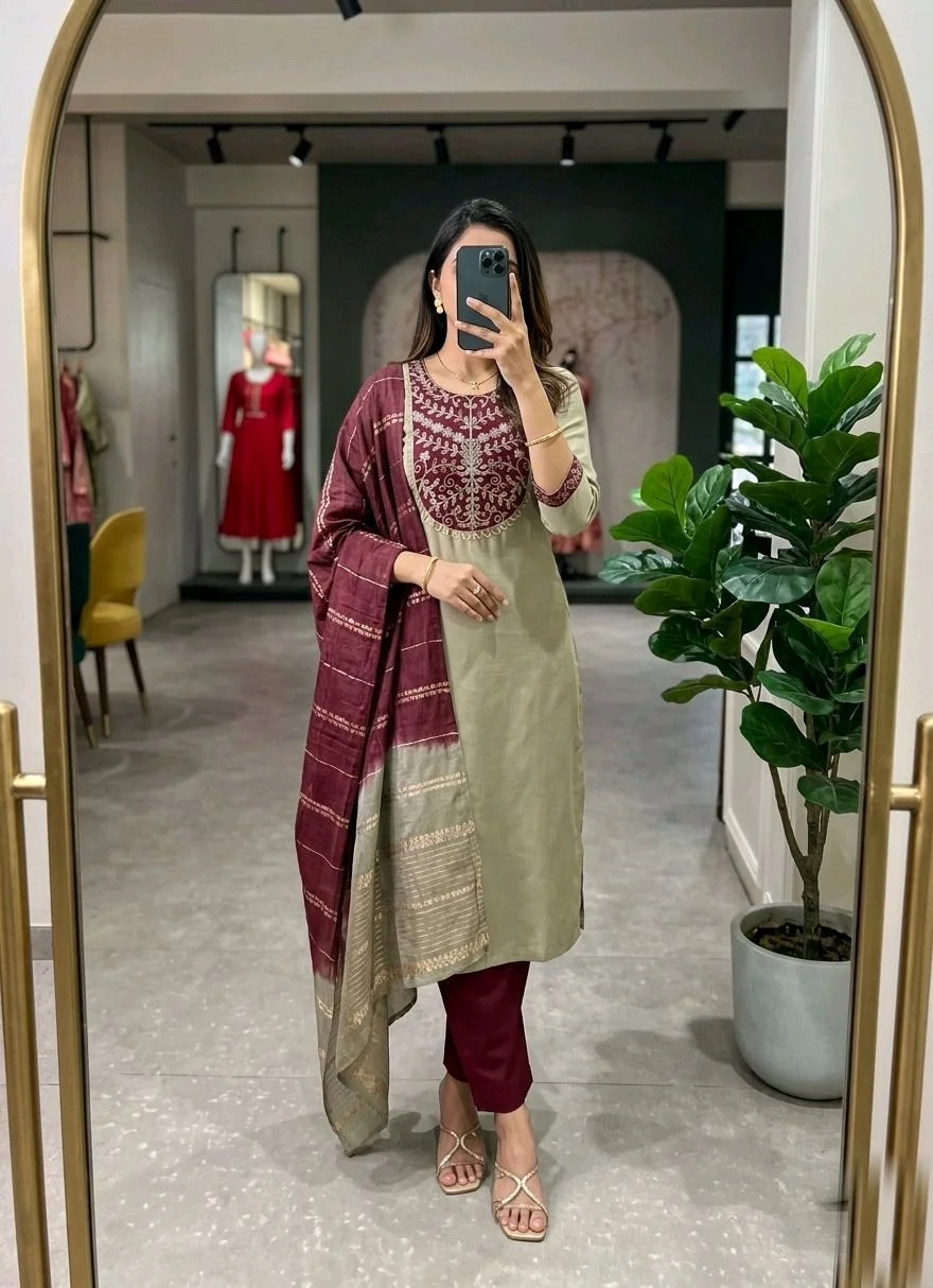 Embroidered Cotton Kurti Set with Dupatta Collection 3