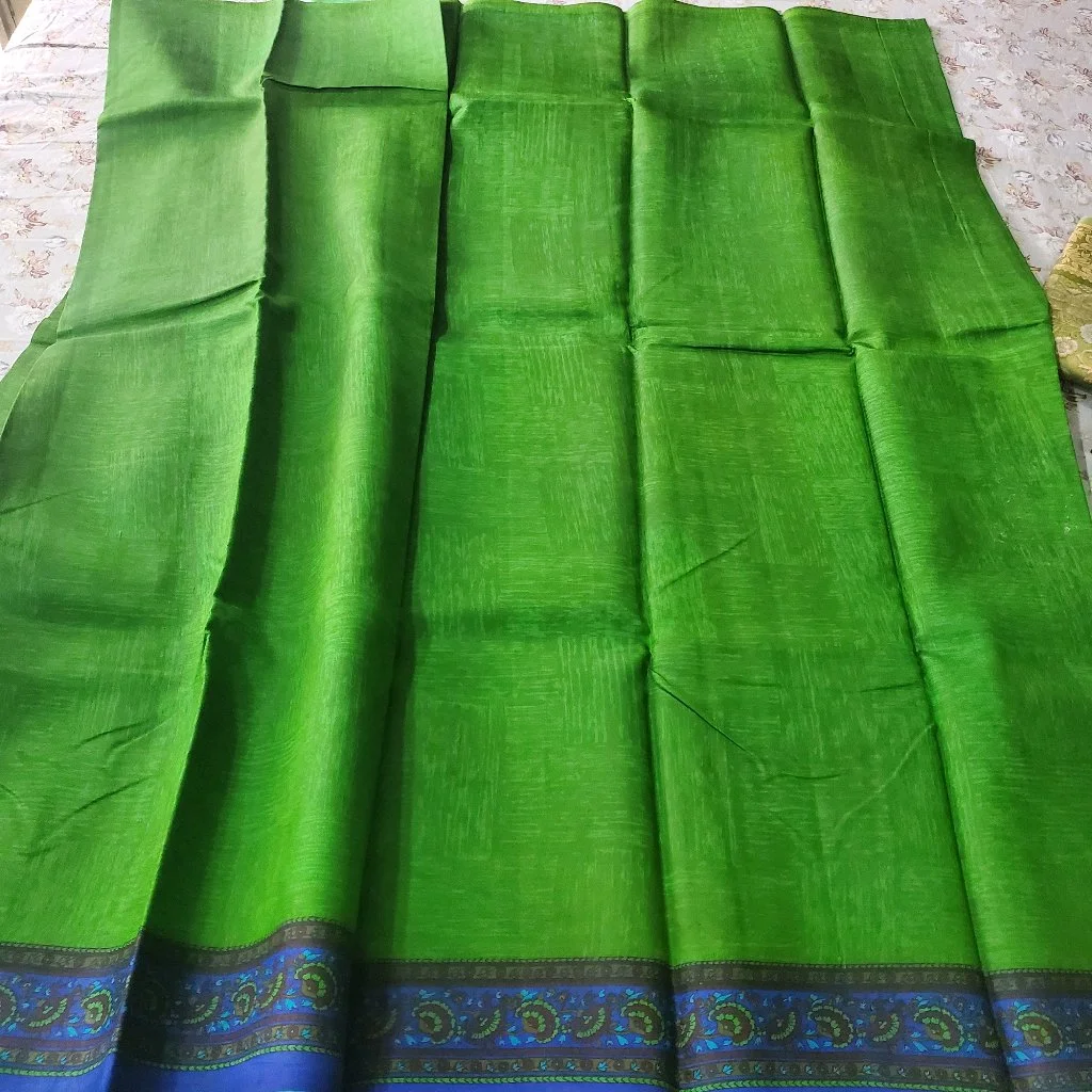 Green Textured 120 Count  Pure SilkSaree with Blue Paisley Border 2