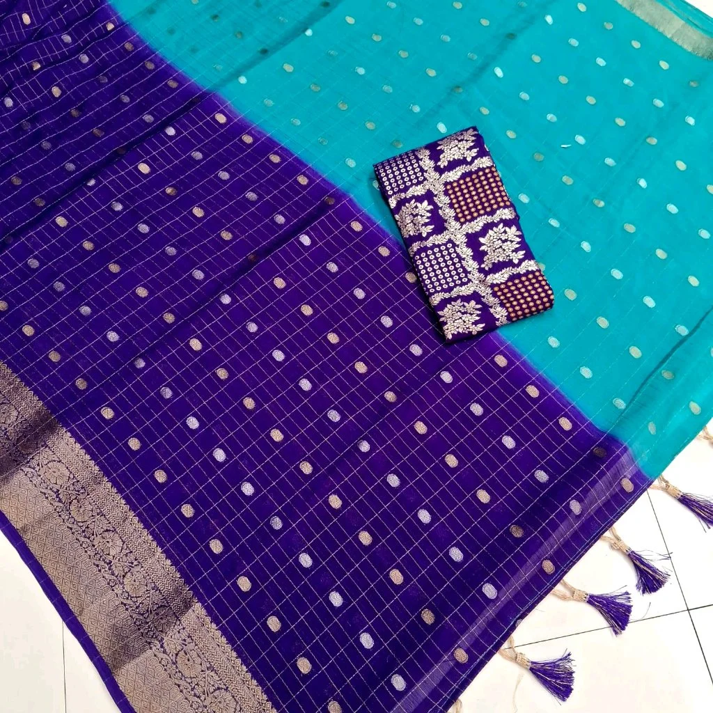 Chinon Silk Blend Zari Weave Saree with Tassels thumbnail 2