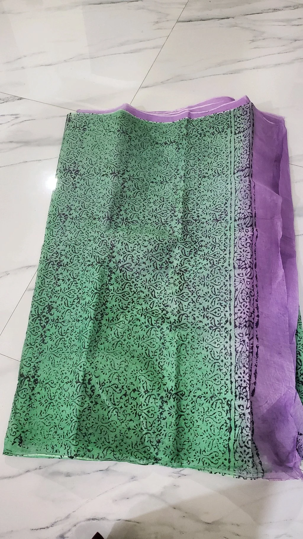 Lavender and Green Block Print Organdi Saree thumbnail 2