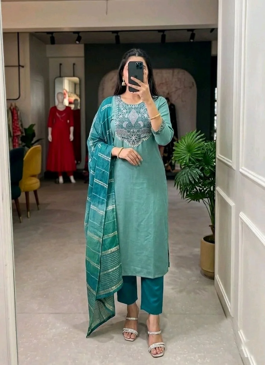 Embroidered Cotton Kurti Set with Dupatta Collection 7