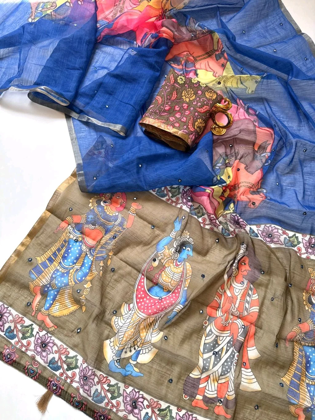 Linen Cotton Saree with Kalamkari Print Blouse 3