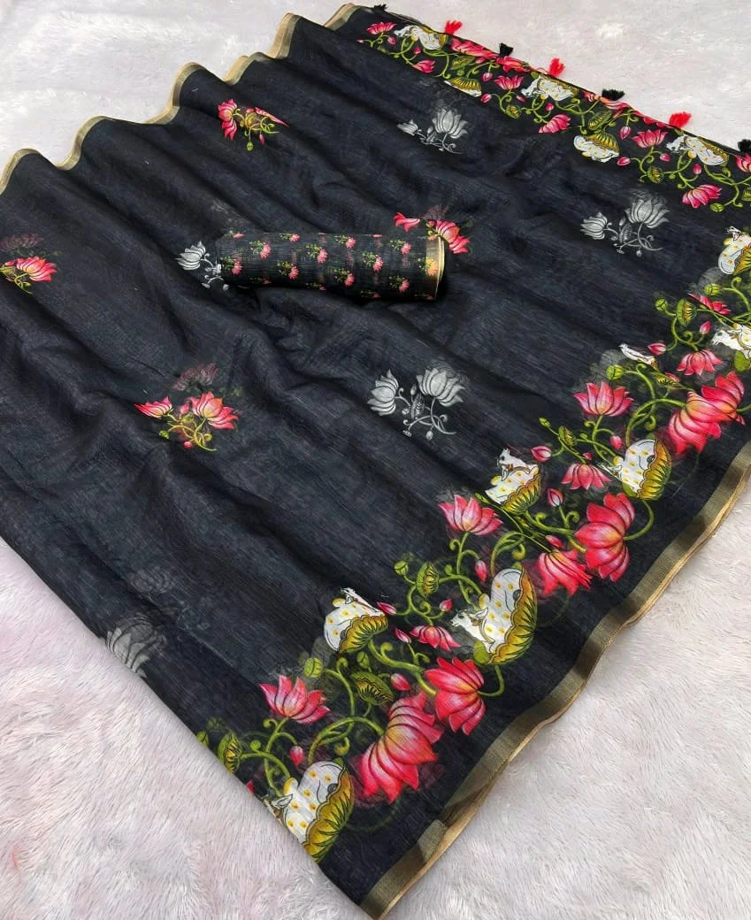Linen Blend Printed Sarees thumbnail 9