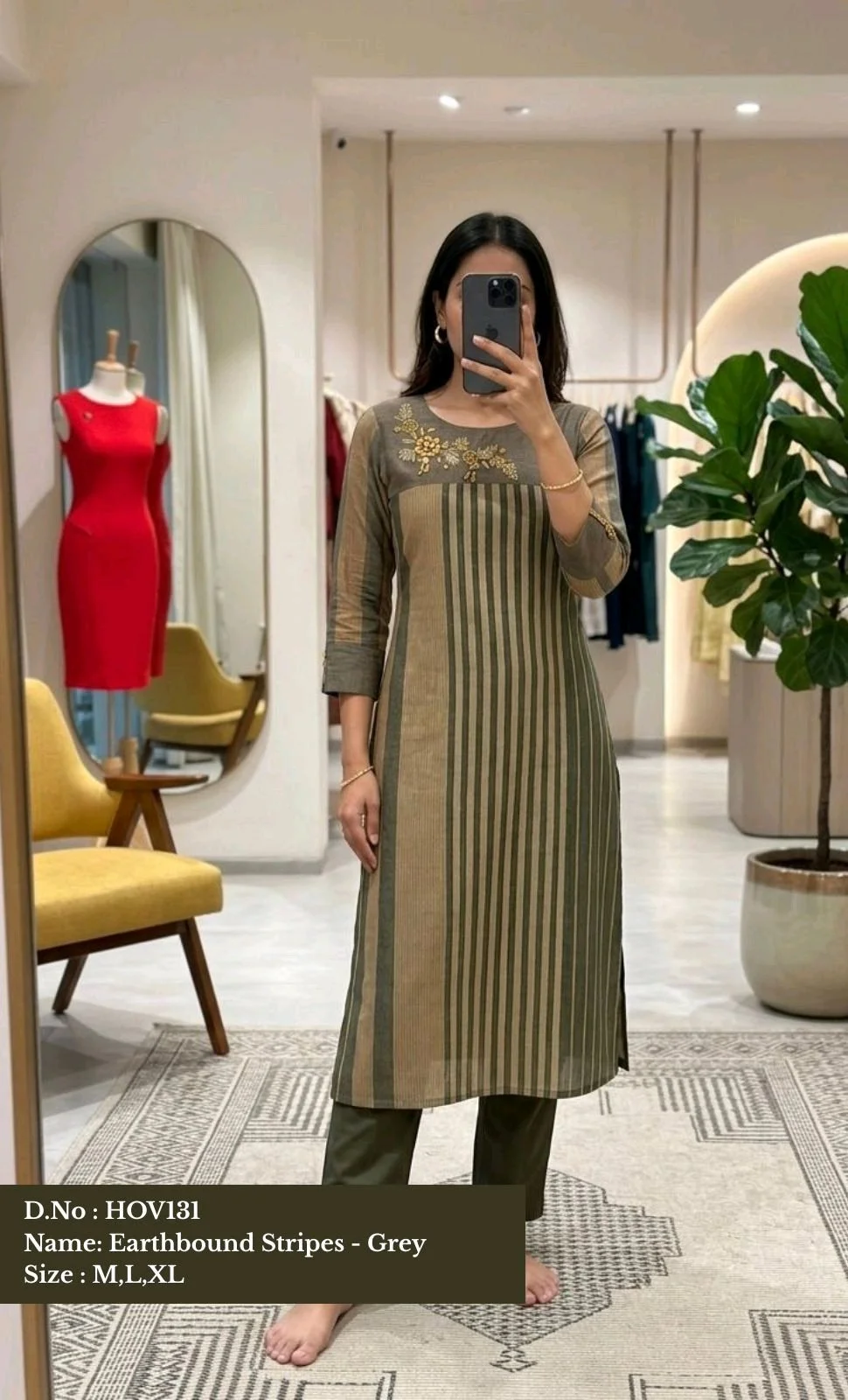 Earthbound Stripes Brick Brown and Green Embroidered Kurta Set 5