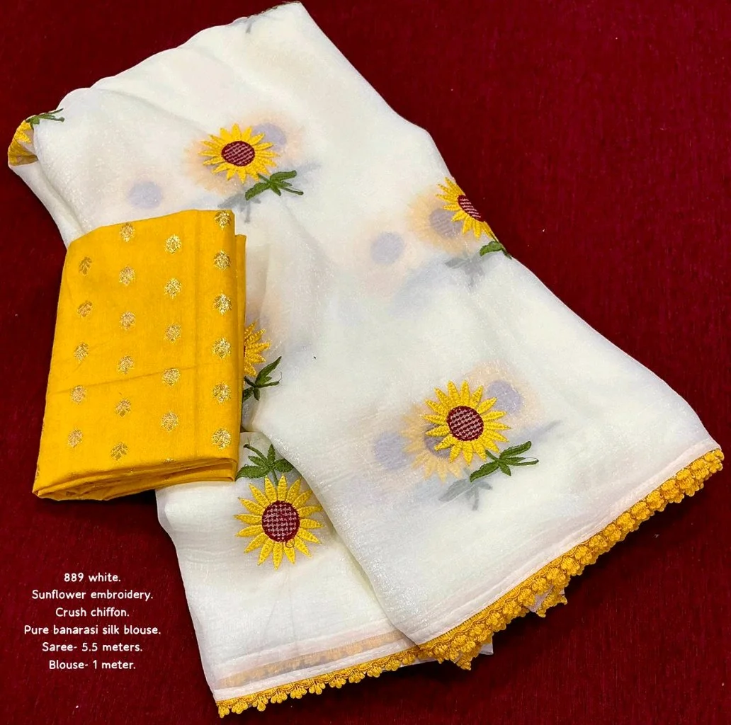White Crush Chiffon Saree with Sunflower Embroidery and Banarasi Silk Blouse 1