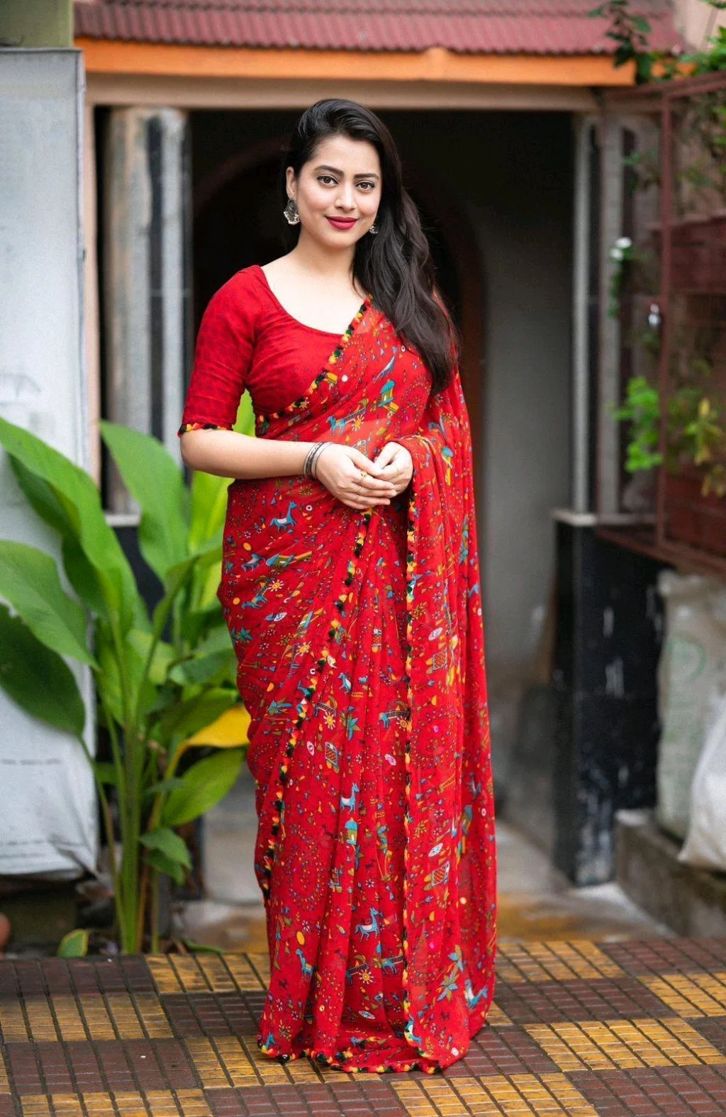 Soft Georgette Saree with Cartoon Prints and Aari Mirror Work 6