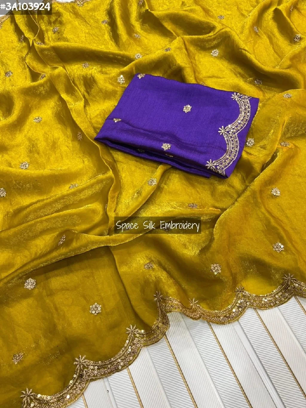 Yellow Space Silk Saree with Scalloped Border and Purple Blouse