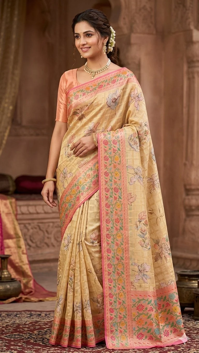 Light Yellow Floral Fancy Saree with Pink Zari Border