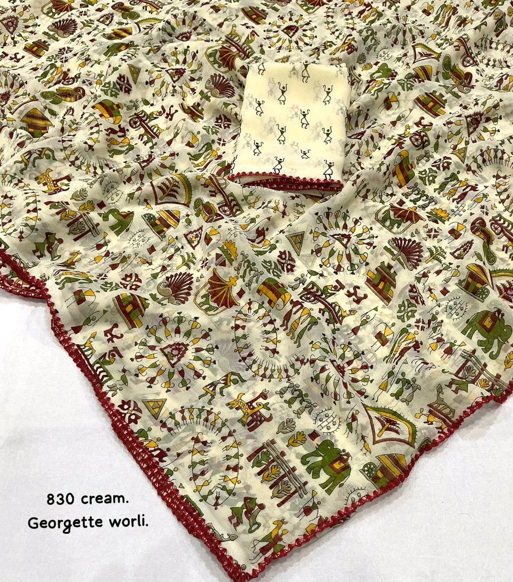 Cream Georgette Worli Print Saree 3