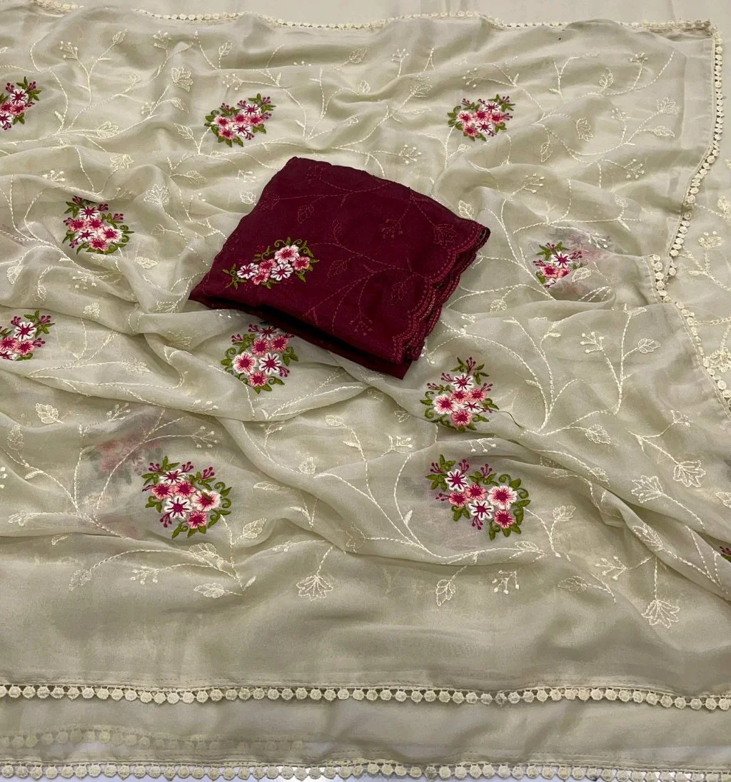 Georgette Saree with Floral Embroidery Design thumbnail 9