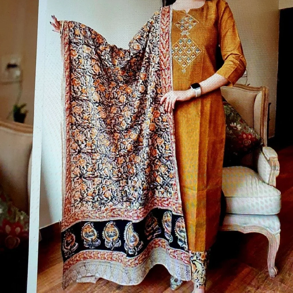 Mustard Yellow Embroidered Kurti with Block Print Dress Material Set 2