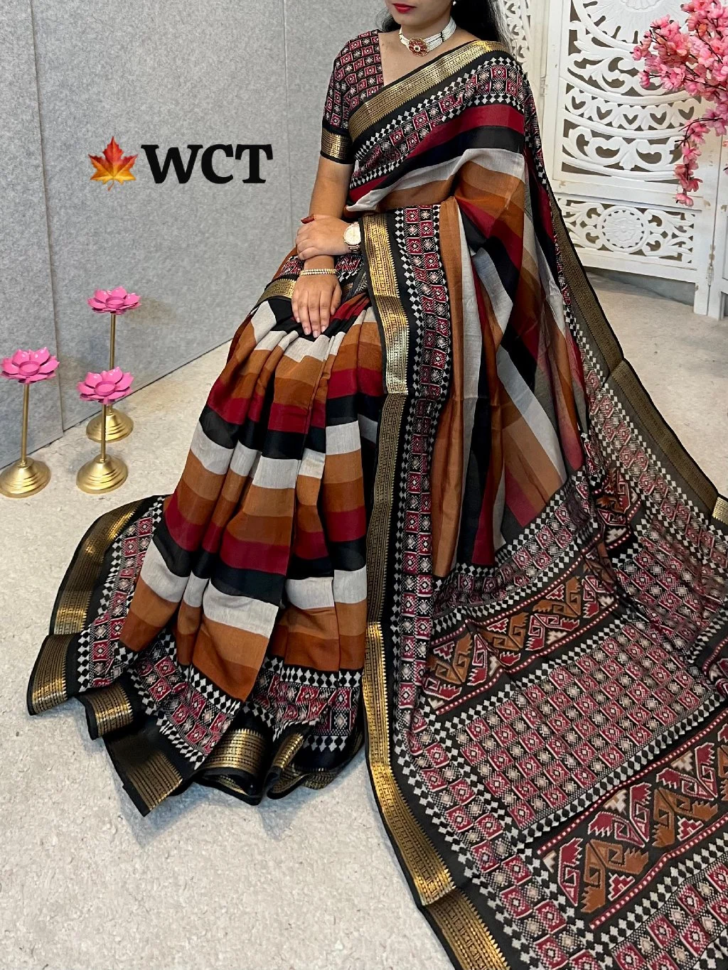 Multi-Color Striped Silk Blend Saree with Geometric Pattern Border thumbnail 3