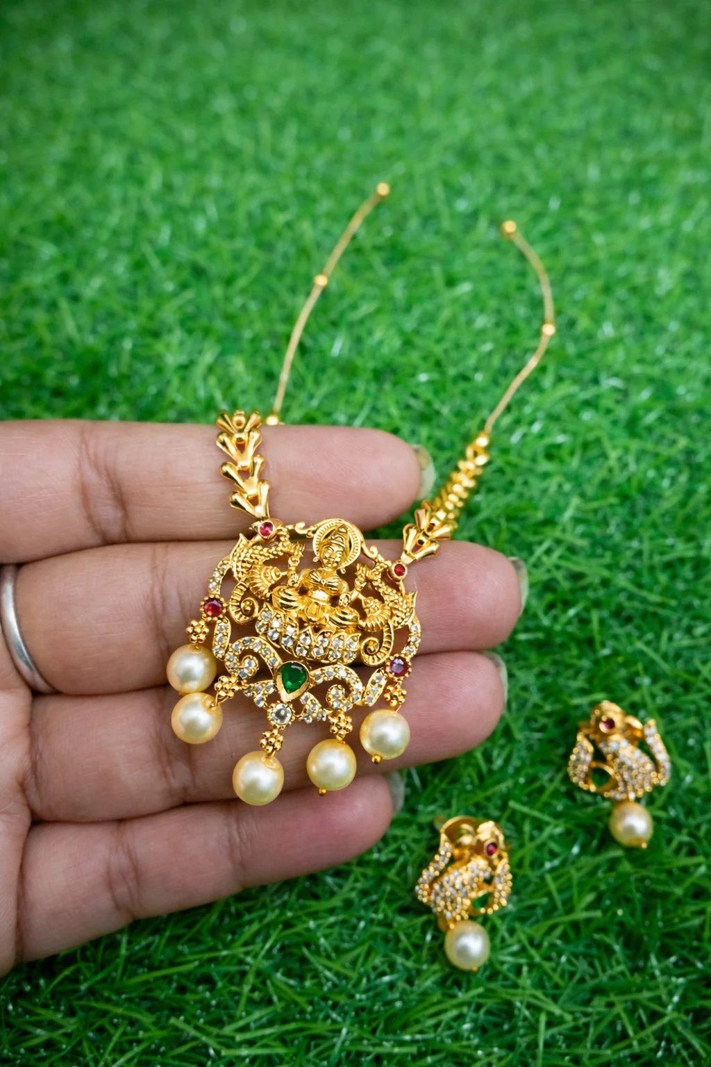 Gold Toned Lakshmi Temple Necklace with Green Pearl Drops And Earrings Best Quality 2