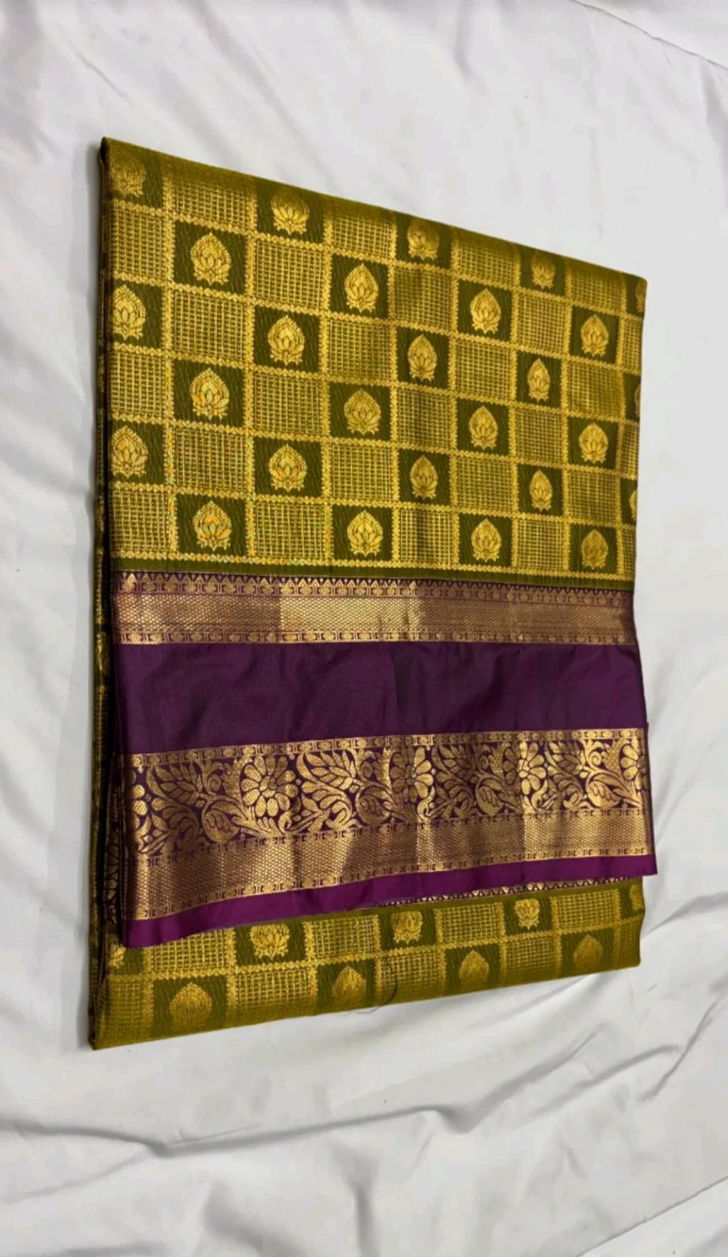Olive Green Dharmavaram Pattu Saree with Zari Border 3