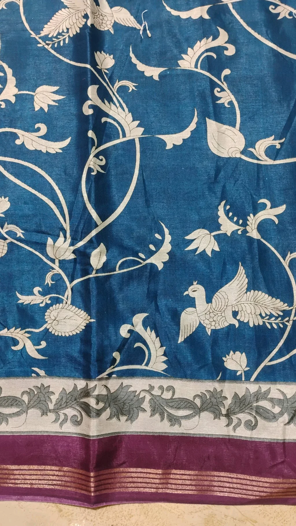 Maheshwari Silk Sarees,Blue Floral Print Silk Saree with Purple Border thumbnail 3