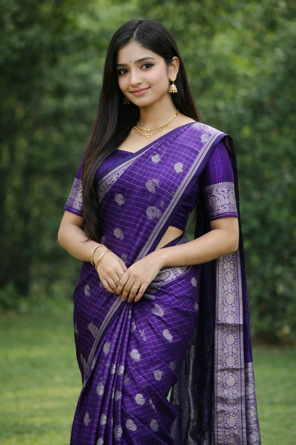 Purple Checks Mangalagiri Pattu Saree with Silver Zari Border thumbnail 2