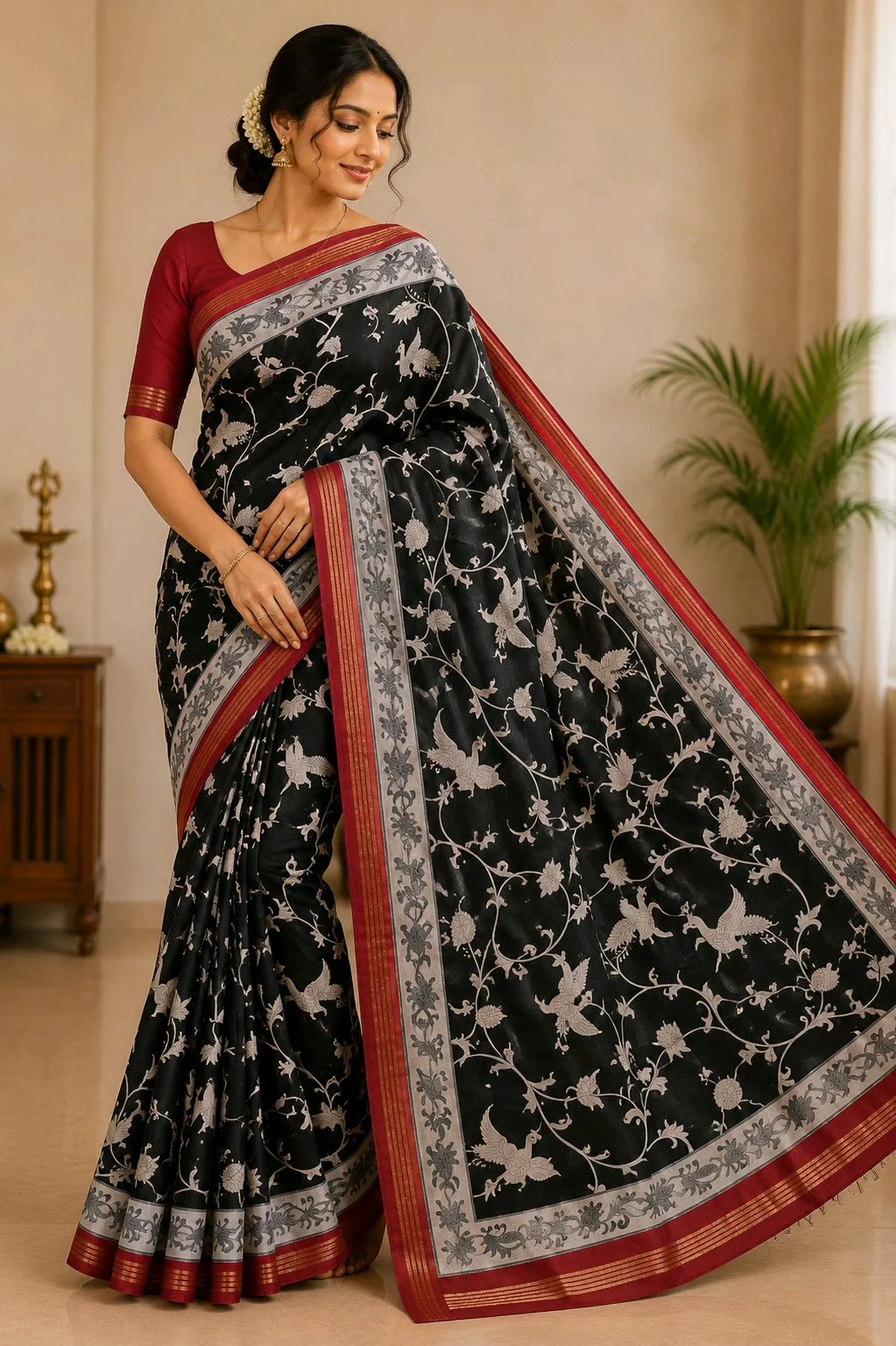 Maheshwari Silk Saree,Black Floral Print Silk Saree with Red Border thumbnail 1