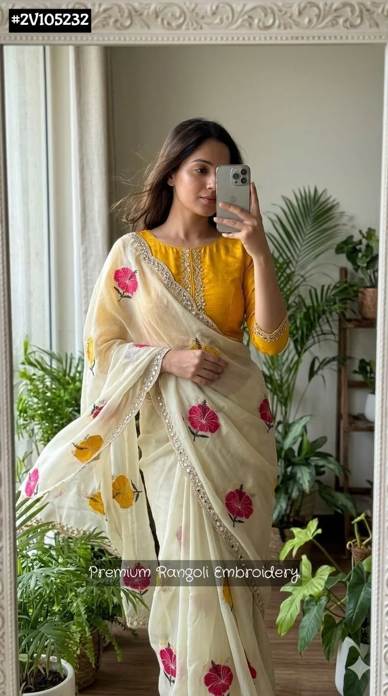 Cream Saree with Premium Rangoli Floral Embroidery and Mirror Work 2