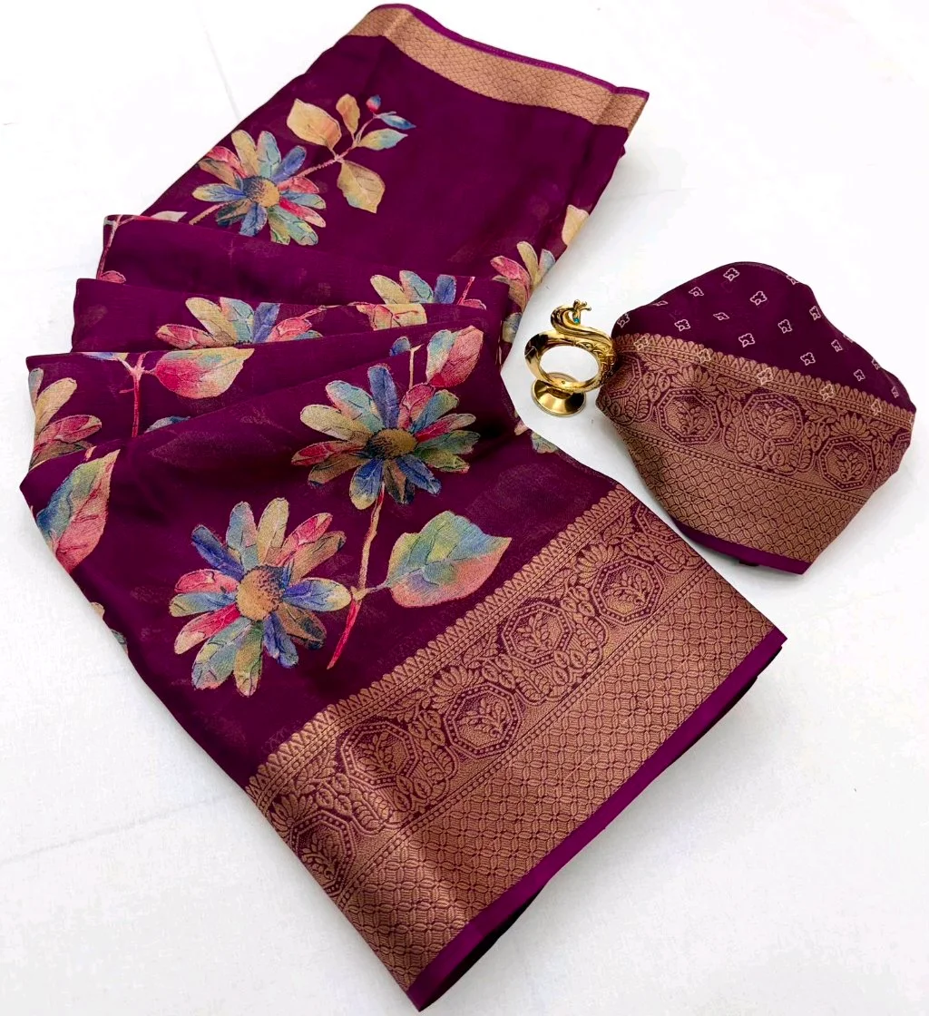 Marshmellow  Floral Print Saree with Zari Border 5