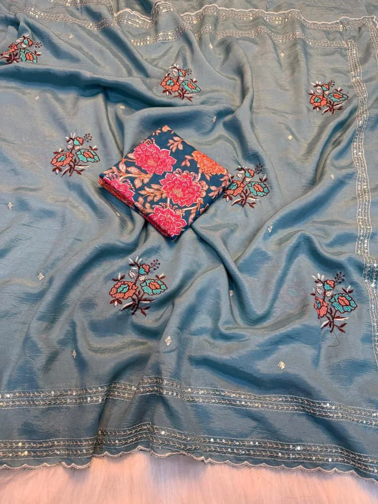 Crunchy Crush Teal Embroidered Saree with Floral Blouse Piece 5
