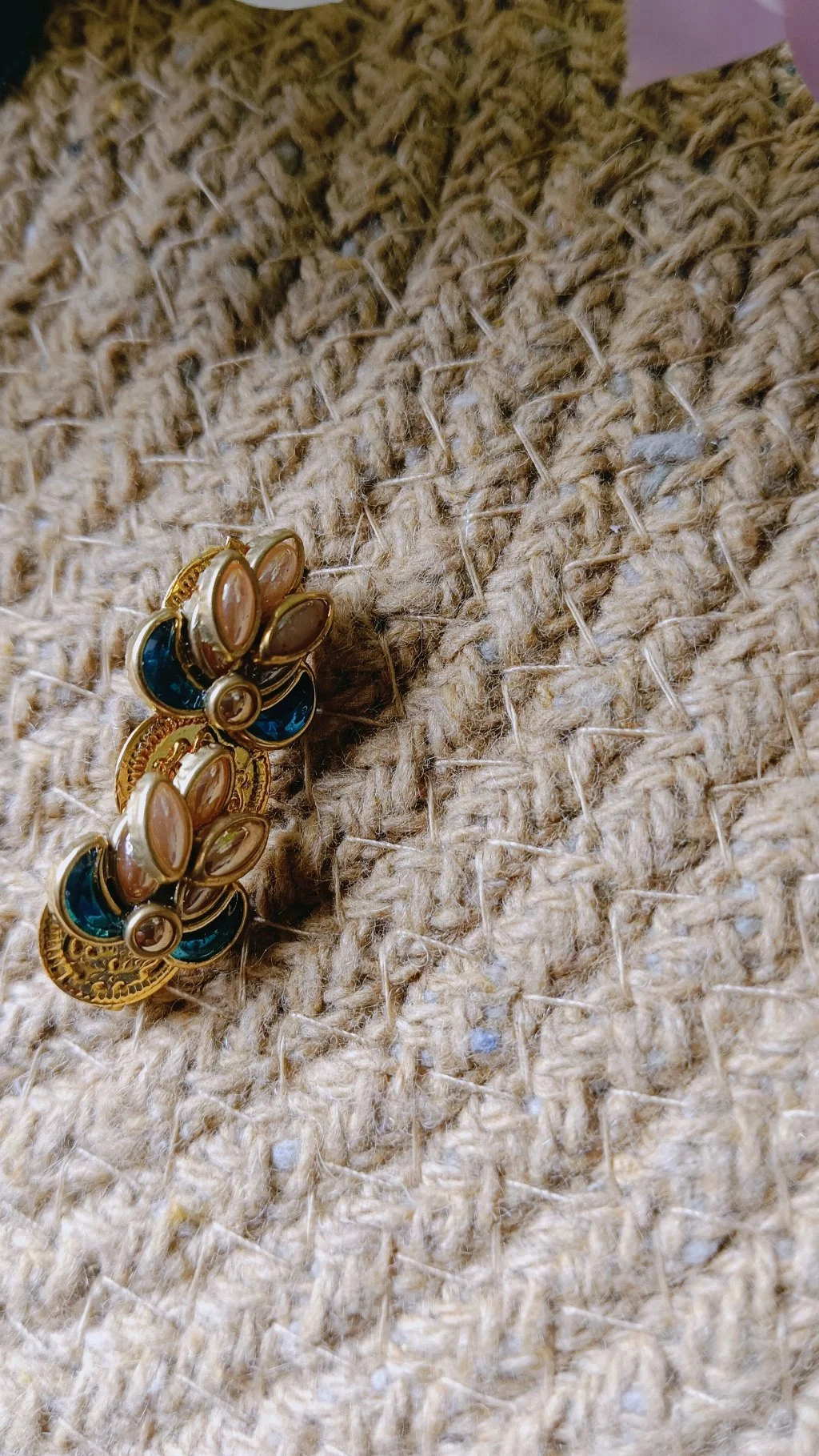 Gold Tone Floral Saree Brooch Pin with Peach and Teal Enamel thumbnail 2