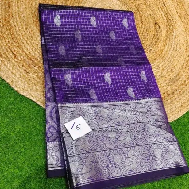 Purple Checks Mangalagiri Pattu Saree with Silver Zari Border thumbnail 1