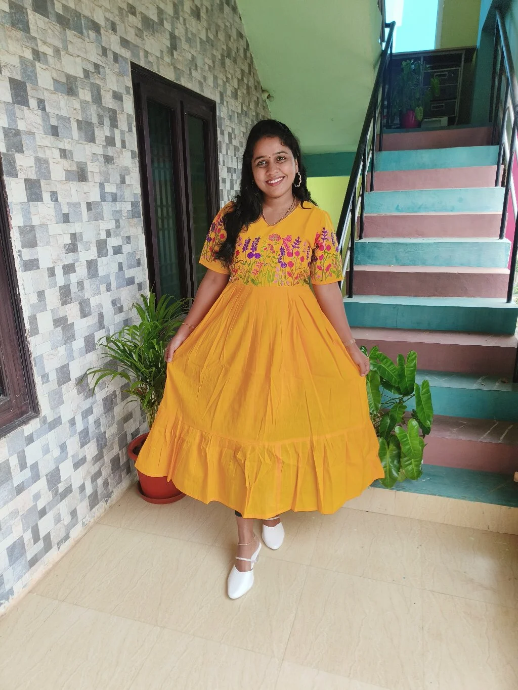 Yellow Floral Embroidered Frock Dress 1