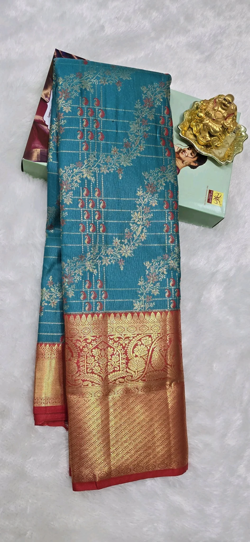 Teal Dharmavaram Pattu Saree with Gold Zari and Red Border