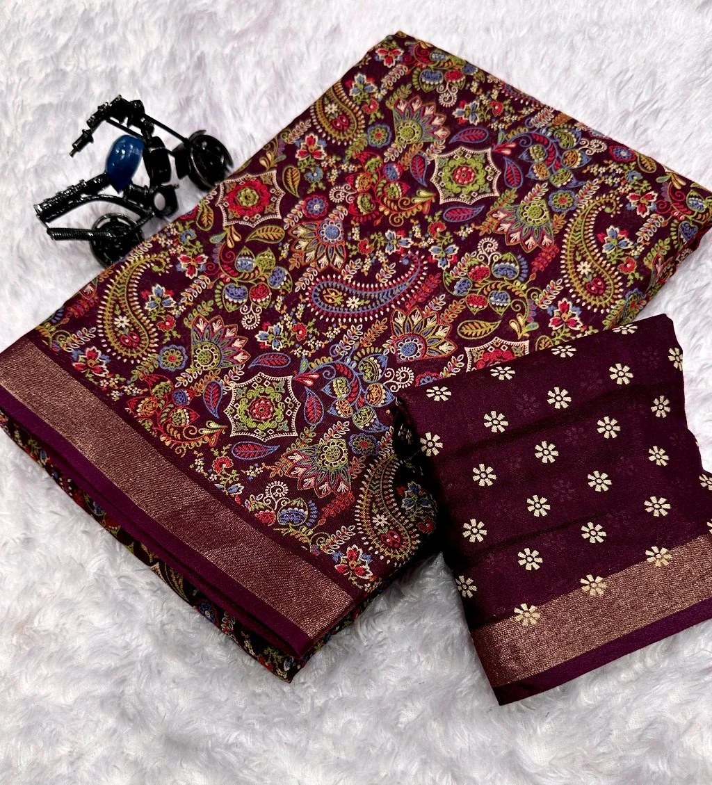 Deep Pink Paisley Floral Print Saree with Zari Border 3