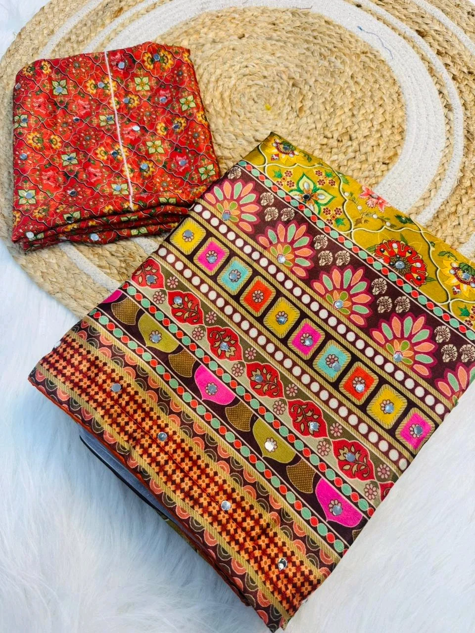 Ajrakh Sarees  with Mirror Work 10