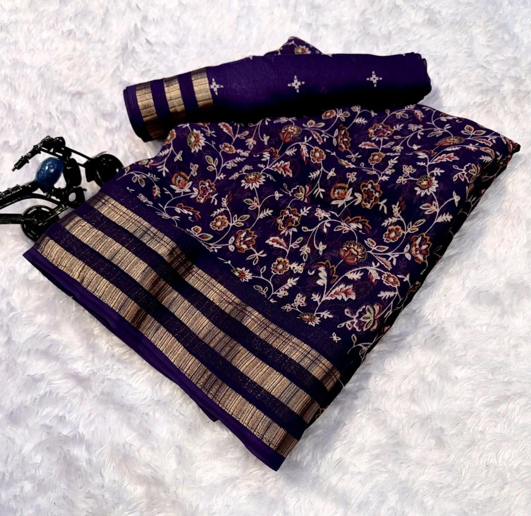 Teal Floral Print Saree with Zari Border thumbnail 6